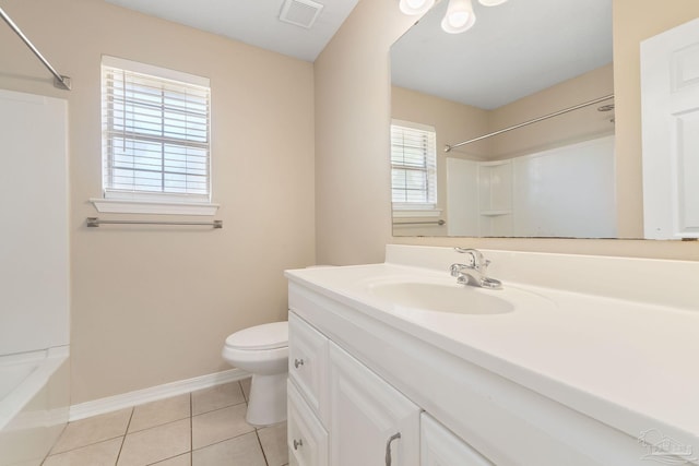 full bathroom featuring a healthy amount of sunlight, vanity, shower / washtub combination, and toilet