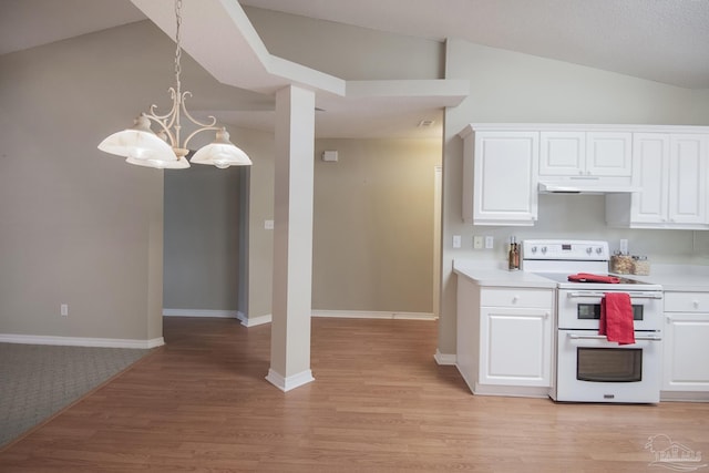 kitchen featuring under cabinet range hood, double oven range, white cabinets, and light countertops