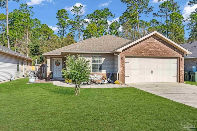 ranch-style home featuring a garage and a front lawn