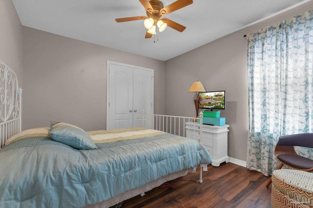 bedroom featuring ceiling fan, dark hardwood / wood-style floors, and a closet