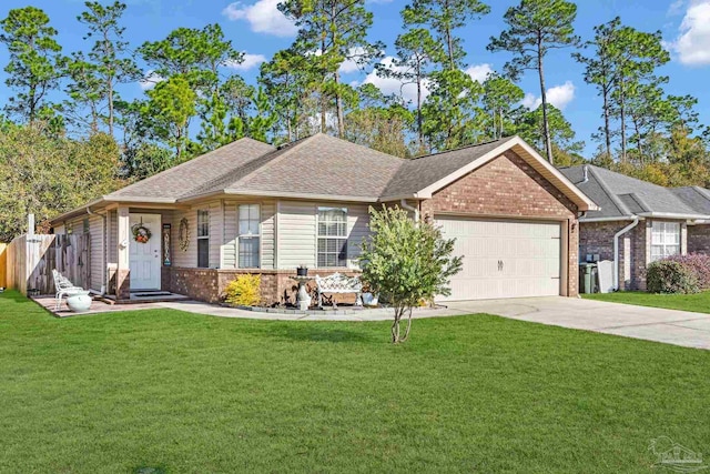 ranch-style home with a garage and a front lawn