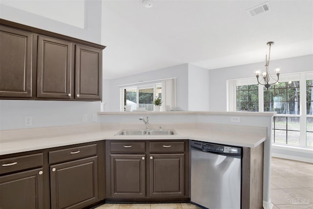 kitchen featuring sink, a chandelier, dark brown cabinets, kitchen peninsula, and dishwasher