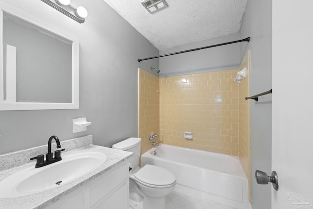 bathroom with visible vents, toilet, a textured ceiling, vanity, and shower / washtub combination