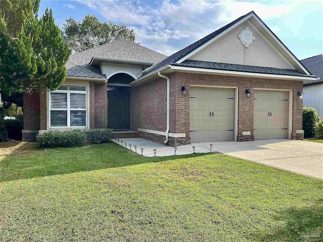 ranch-style house with a front yard, a shingled roof, brick siding, concrete driveway, and an attached garage
