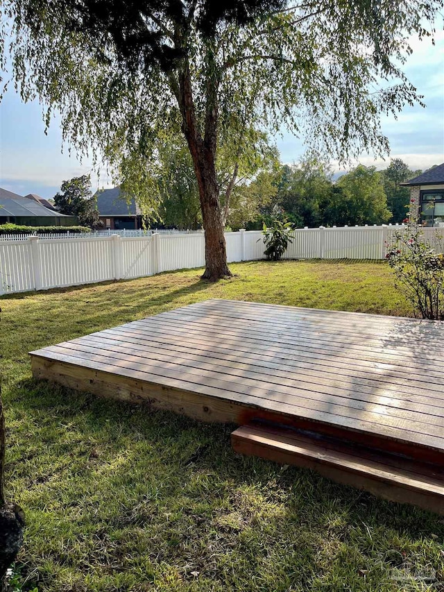 wooden deck featuring a fenced backyard and a yard