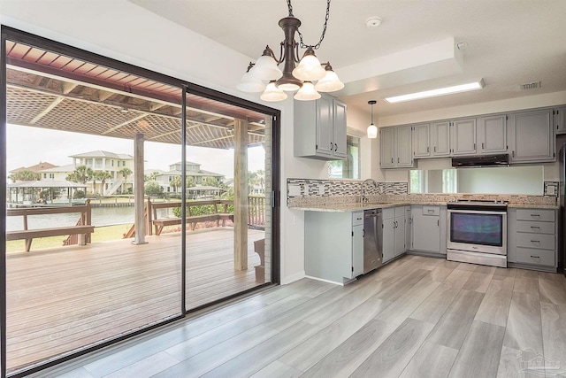 1090 Park Ln, Gulf Breeze, FL 32563 - kitchen with visible vents, gray cabinetry, a notable chandelier, stainless steel appliances, and extractor fan