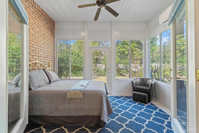 bedroom with dark colored carpet, ceiling fan, wooden ceiling, and brick wall