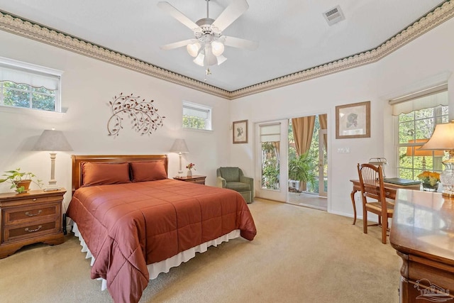 bedroom with light carpet, access to outside, and ceiling fan