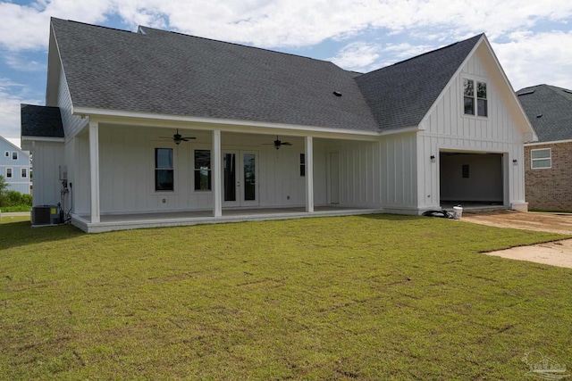 view of front of property featuring ceiling fan, french doors, a patio area, and a front yard