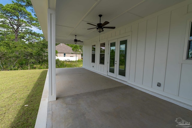 view of patio / terrace featuring french doors and ceiling fan