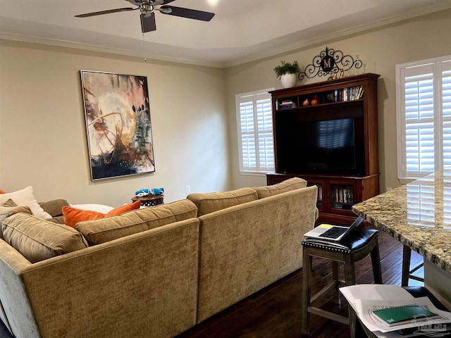 living room with ornamental molding, dark hardwood / wood-style floors, and ceiling fan