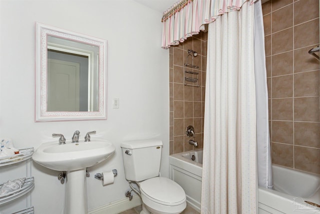 bathroom with toilet and shower / bathtub combination with curtain