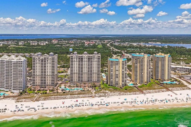 aerial view featuring a water view and a view of the beach