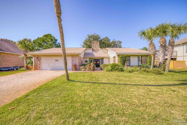 ranch-style home featuring a garage and a front lawn