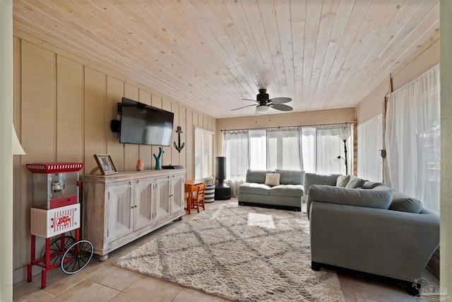 living room featuring ceiling fan, wooden ceiling, and wood walls