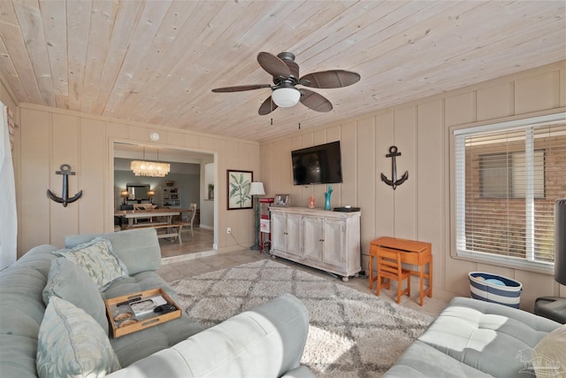 living room with light tile patterned floors, wooden ceiling, and ceiling fan with notable chandelier