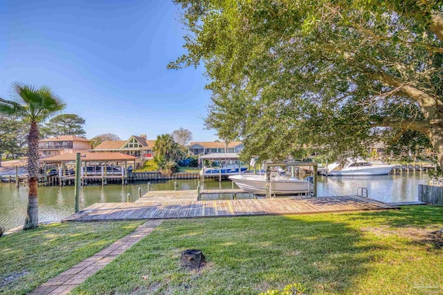 dock area featuring a yard and a water view