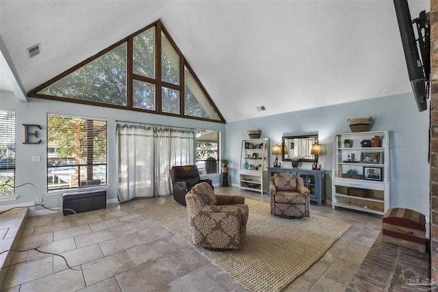 living room with high vaulted ceiling