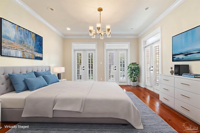 3869 Paradise Bay Dr, Gulf Breeze, FL 32563 - bedroom featuring access to outside, a chandelier, french doors, dark wood-type flooring, and recessed lighting