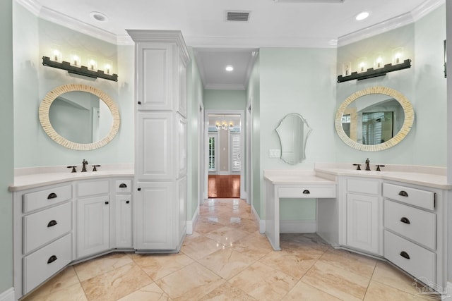3869 Paradise Bay Dr, Gulf Breeze, FL 32563 - full bathroom featuring crown molding, two vanities, baseboards, and recessed lighting