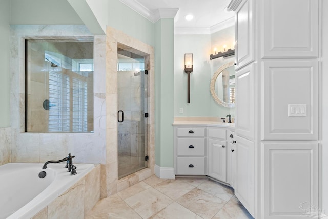 3869 Paradise Bay Dr, Gulf Breeze, FL 32563 - bathroom featuring ornamental molding, vanity, a bath, a stall shower, and baseboards