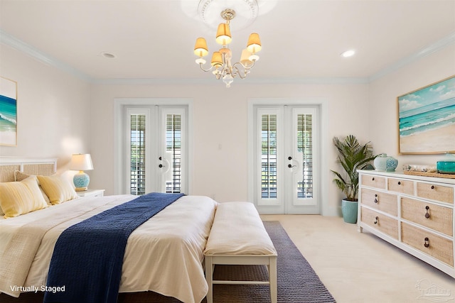 3869 Paradise Bay Dr, Gulf Breeze, FL 32563 - bedroom with access to exterior, a chandelier, ornamental molding, light carpet, and french doors