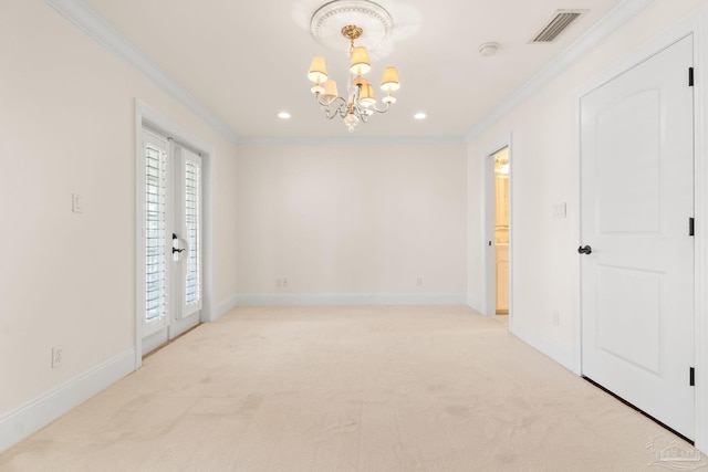 3869 Paradise Bay Dr, Gulf Breeze, FL 32563 - empty room featuring ornamental molding, a chandelier, light colored carpet, recessed lighting, and baseboards