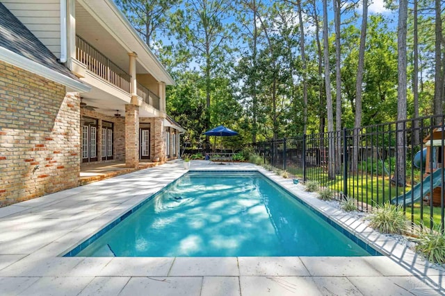 3869 Paradise Bay Dr, Gulf Breeze, FL 32563 - view of swimming pool featuring a patio, french doors, and ceiling fan