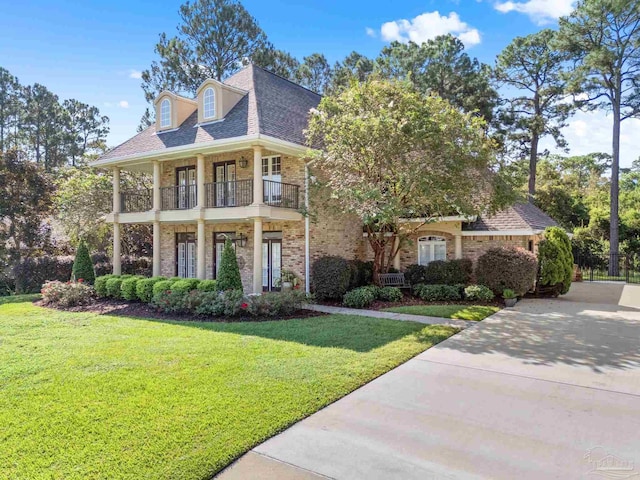 3869 Paradise Bay Dr, Gulf Breeze, FL 32563 - view of front of house featuring a balcony, brick siding, a front yard, and driveway
