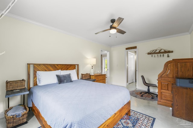 bedroom featuring crown molding, baseboards, and a ceiling fan