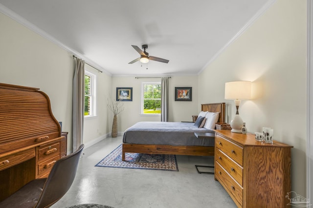 bedroom featuring crown molding, a ceiling fan, baseboards, and finished concrete floors