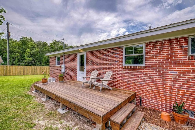 wooden deck featuring fence and a yard