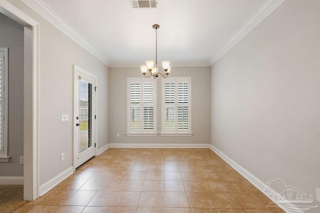 interior space with a chandelier, visible vents, ornamental molding, and baseboards