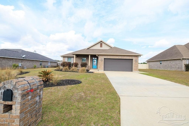 ranch-style home featuring brick siding, roof with shingles, concrete driveway, an attached garage, and a front lawn