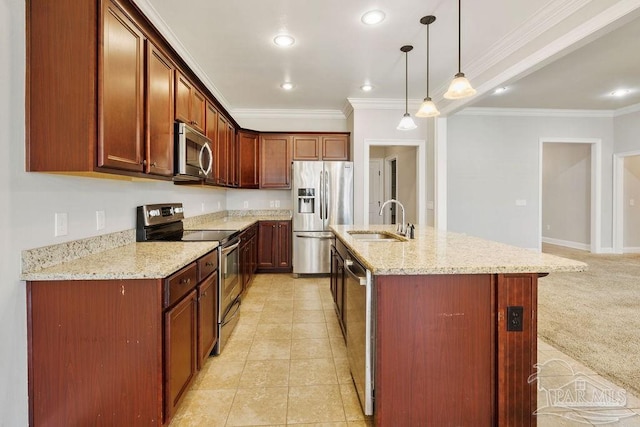 kitchen featuring light stone countertops, ornamental molding, stainless steel appliances, and a sink