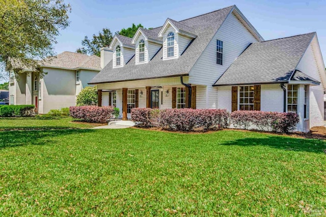 cape cod home with a front yard, roof with shingles, and brick siding