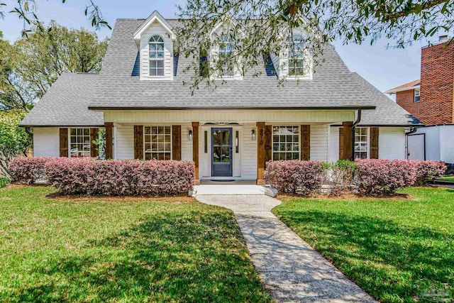 cape cod-style house with brick siding, roof with shingles, and a front yard