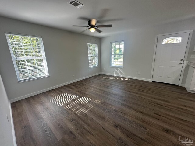 10 Middleton Ln, Atmore, AL 36502 - interior space with ceiling fan, baseboards, dark wood-style floors, and visible vents