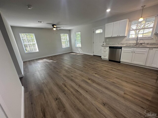 10 Middleton Ln, Atmore, AL 36502 - kitchen featuring white cabinets, dishwasher, a sink, open floor plan, and ceiling fan