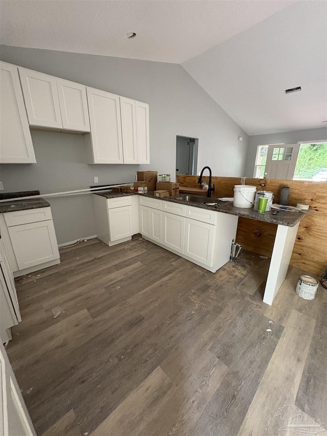 7147 Heath Rd, Milton, FL 32570 - kitchen featuring lofted ceiling, a sink, dark wood-style floors, white cabinetry, and a peninsula