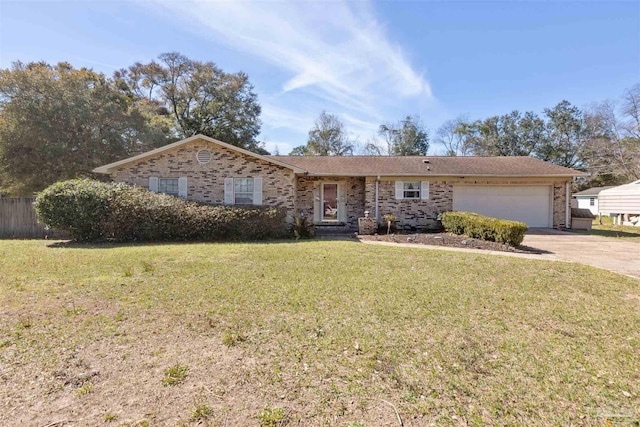 ranch-style home featuring a garage, brick siding, fence, concrete driveway, and a front lawn