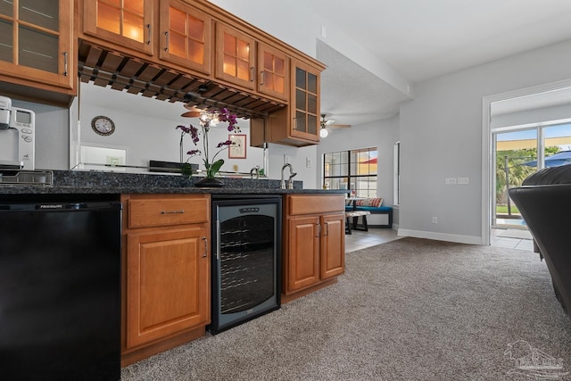 3849 Saber Tooth Cir, Gulf Breeze, FL 32563 - indoor wet bar featuring wine cooler, dishwasher, light colored carpet, a ceiling fan, and light tile patterned floors