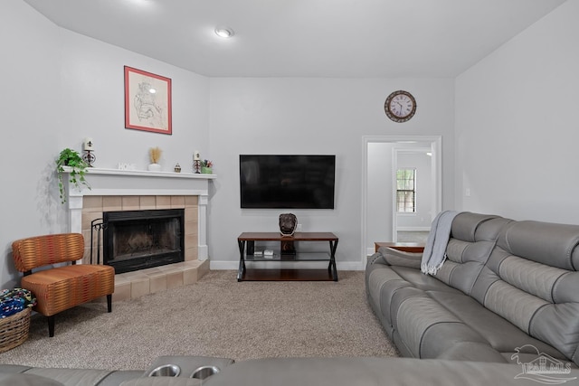 3849 Saber Tooth Cir, Gulf Breeze, FL 32563 - living room featuring a fireplace, carpet floors, and recessed lighting
