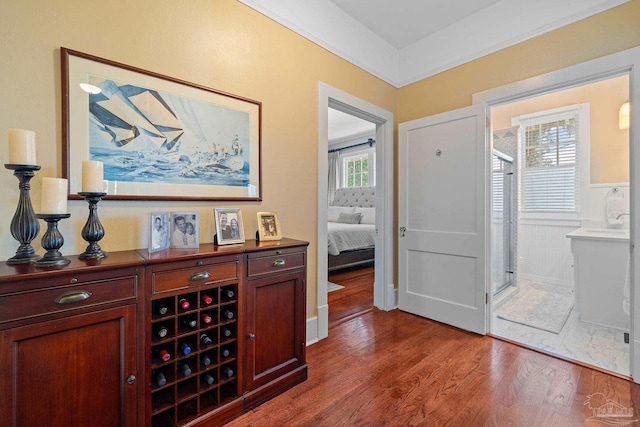 interior space featuring ornamental molding, dark wood-type flooring, and plenty of natural light