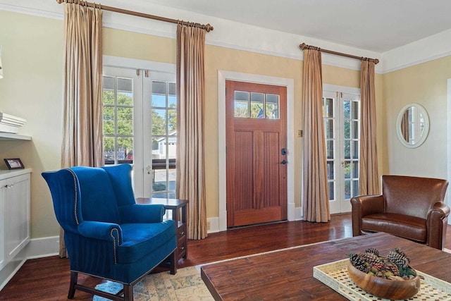 foyer with french doors, a wealth of natural light, and dark hardwood / wood-style floors