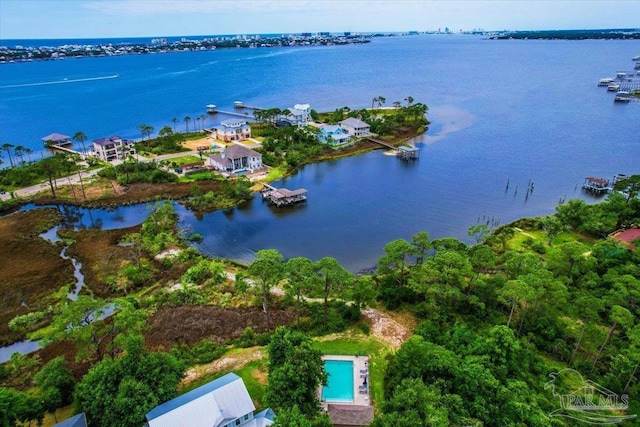 birds eye view of property featuring a water view