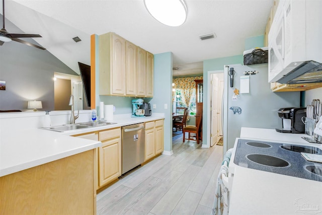 7543 Loop St, Navarre, FL 32566 - kitchen featuring dishwasher, stove, light brown cabinetry, white microwave, and a ceiling fan