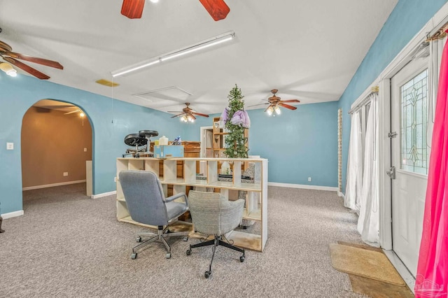 2931 Pine Forest Rd, Cantonment, FL 32533 - office space featuring a ceiling fan, arched walkways, carpet flooring, and baseboards