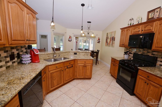 kitchen featuring sink, backsplash, vaulted ceiling, and black appliances