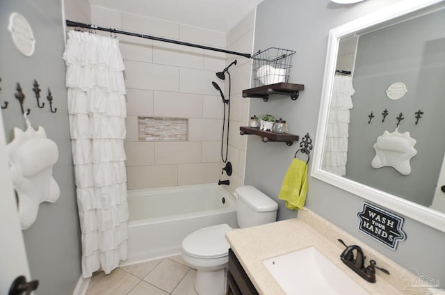 full bathroom with tile patterned flooring, vanity, toilet, and shower / bath combination with curtain